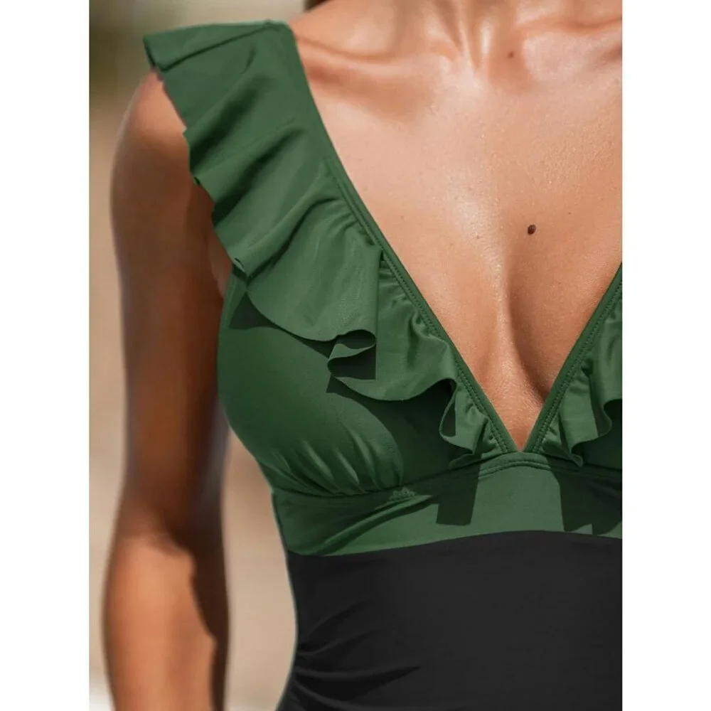 Women's  Green Black Ruffled One Piece Swimsuit V Neck Lace Up